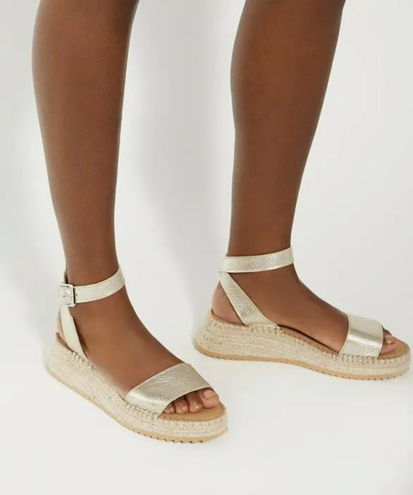 Dune London Gold Sandals Women Layney Gold Leather Raffia Flatform Sandals Metallic