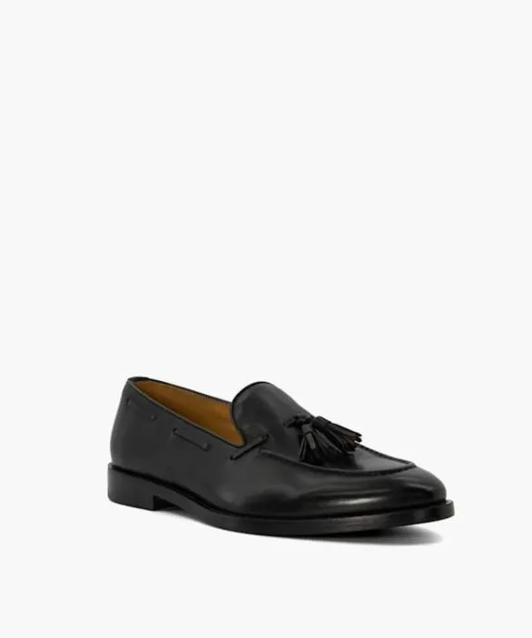 Dune London Leather Sole Shoes Men Sanders Black Leather Tassel Trimmed Loafers Black