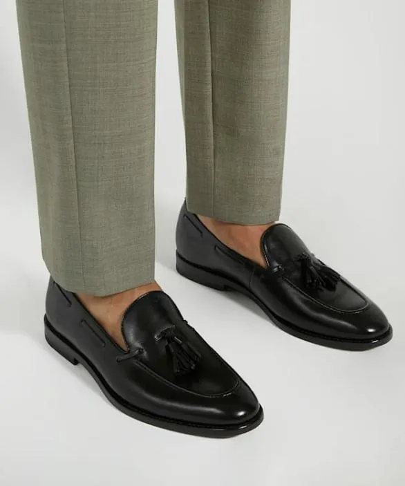 Dune London Leather Sole Shoes Men Sanders Black Leather Tassel Trimmed Loafers Black