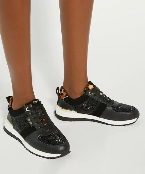 Dune London Trainers Women Ego Black Glitter Detail Lace Up Trainers Black