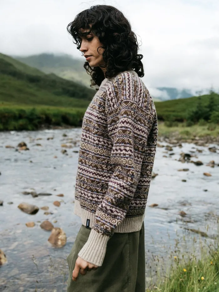 Finisterre Knitwear Women Shetland Fairisle Sweater Black Cherryecruheather Mist Multi