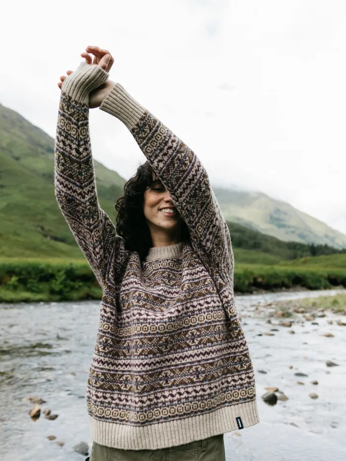 Finisterre Knitwear Women Shetland Fairisle Sweater Black Cherryecruheather Mist Multi