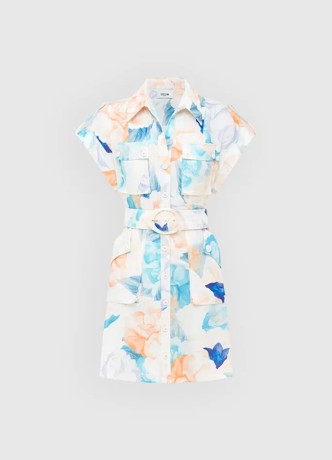 Frankie Pocket Shirt Mini Dress 8211 Rosebud Print in Cream Dresses and Jumpsuits LEO LIN Women