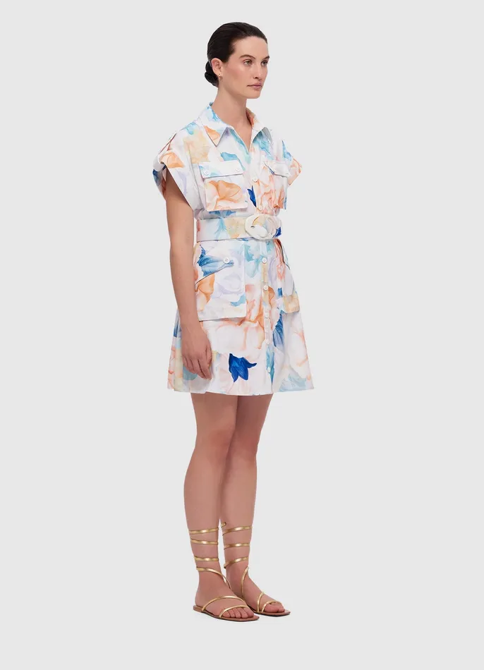 Frankie Pocket Shirt Mini Dress 8211 Rosebud Print in Cream Dresses and Jumpsuits LEO LIN Women