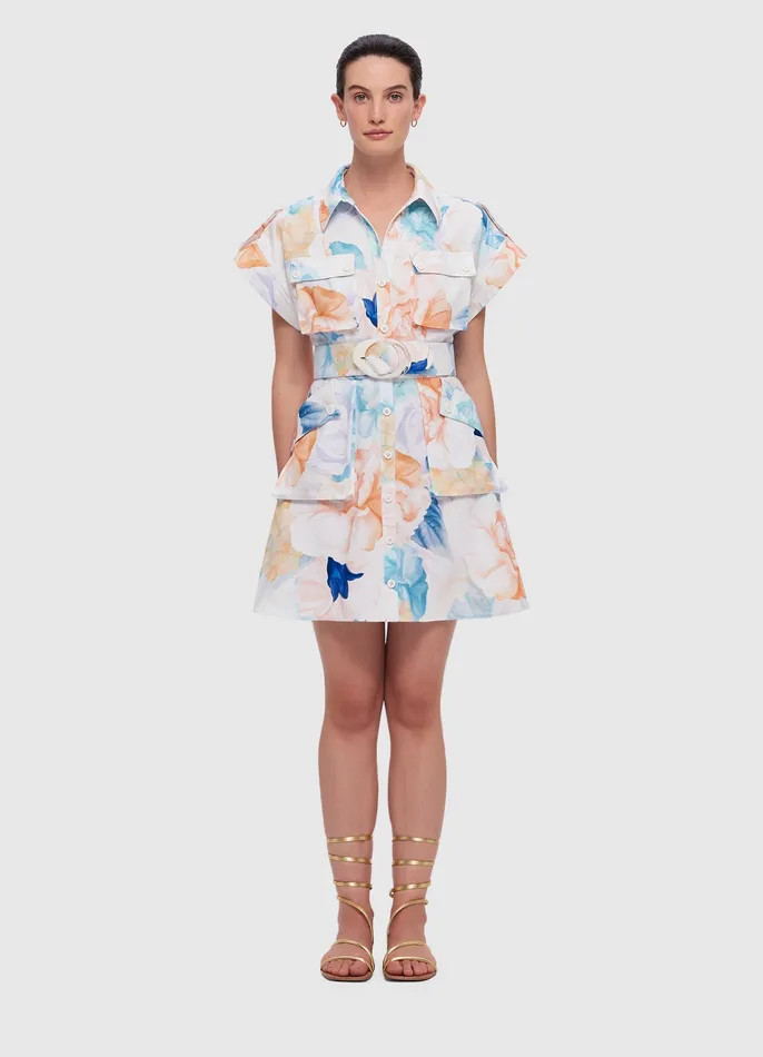 Frankie Pocket Shirt Mini Dress 8211 Rosebud Print in Cream Dresses and Jumpsuits LEO LIN Women