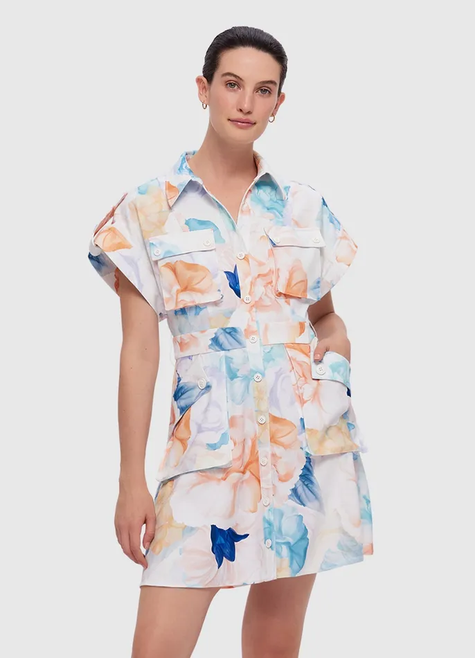 Frankie Pocket Shirt Mini Dress 8211 Rosebud Print in Cream Dresses and Jumpsuits LEO LIN Women