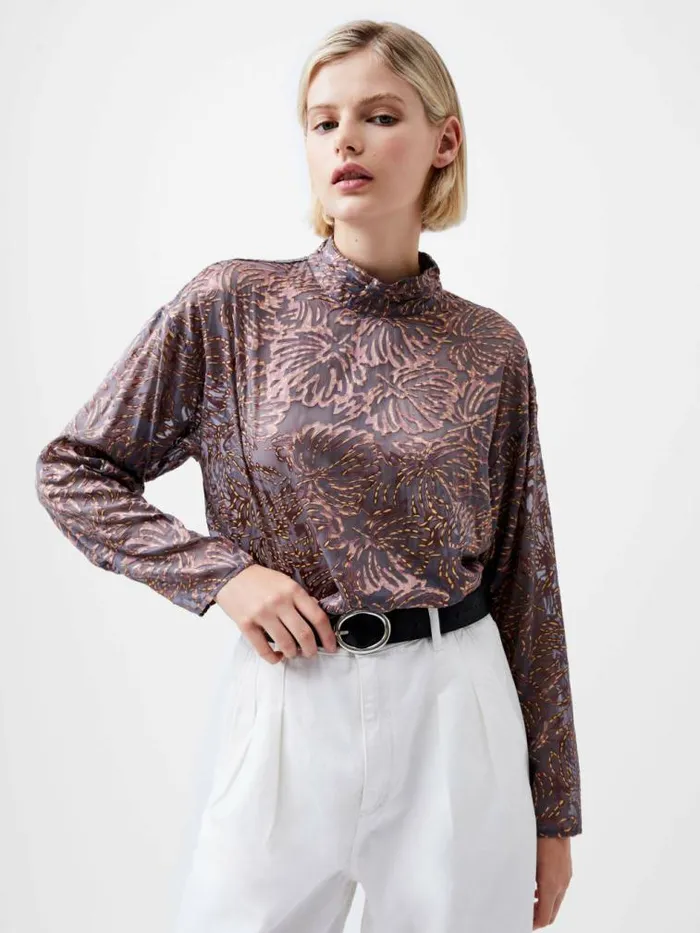 French Connection Becky Devore Turtle Neck Top Bronze Multi Women Tops