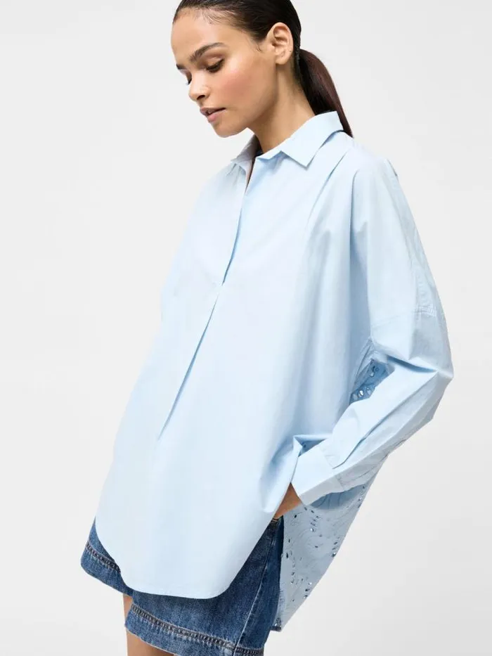 French Connection Broderie Back Long Sleeve Popover Shirt Cashmere Blue Women Tops French Connection Broderie Back Long Sleeve Popover Shirt Cashmere Blue Women Tops