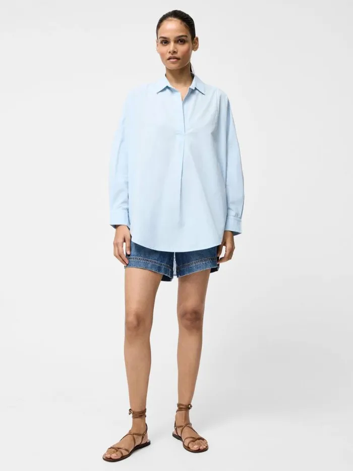 French Connection Broderie Back Long Sleeve Popover Shirt Cashmere Blue Women Tops