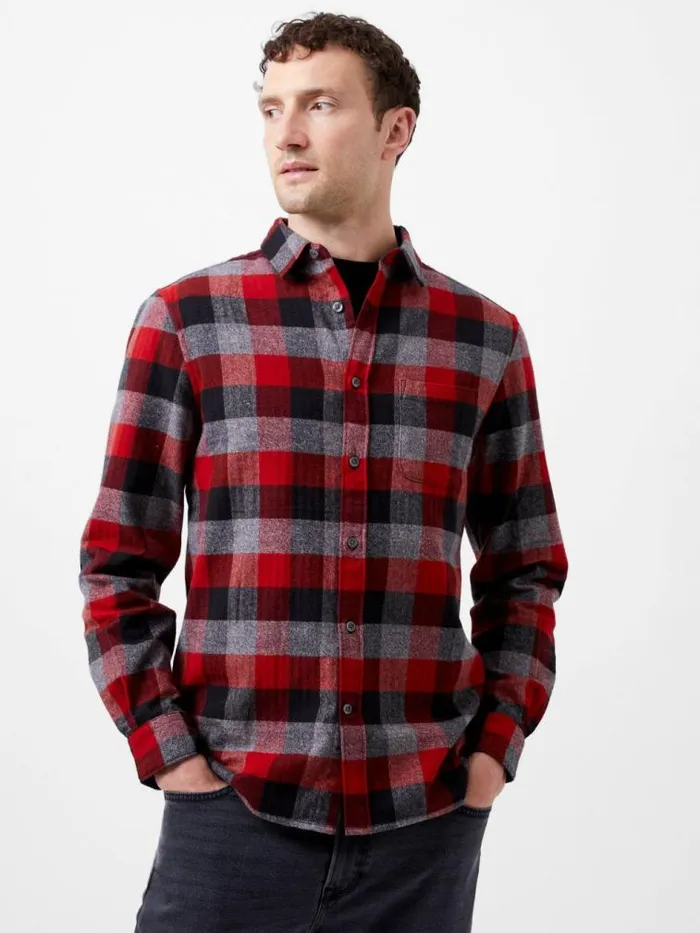 French Connection Brushed Flannel Check Shirt Burgundy Red Men Shirts