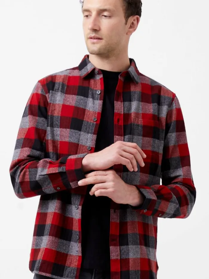 French Connection Brushed Flannel Check Shirt Burgundy Red Men Shirts