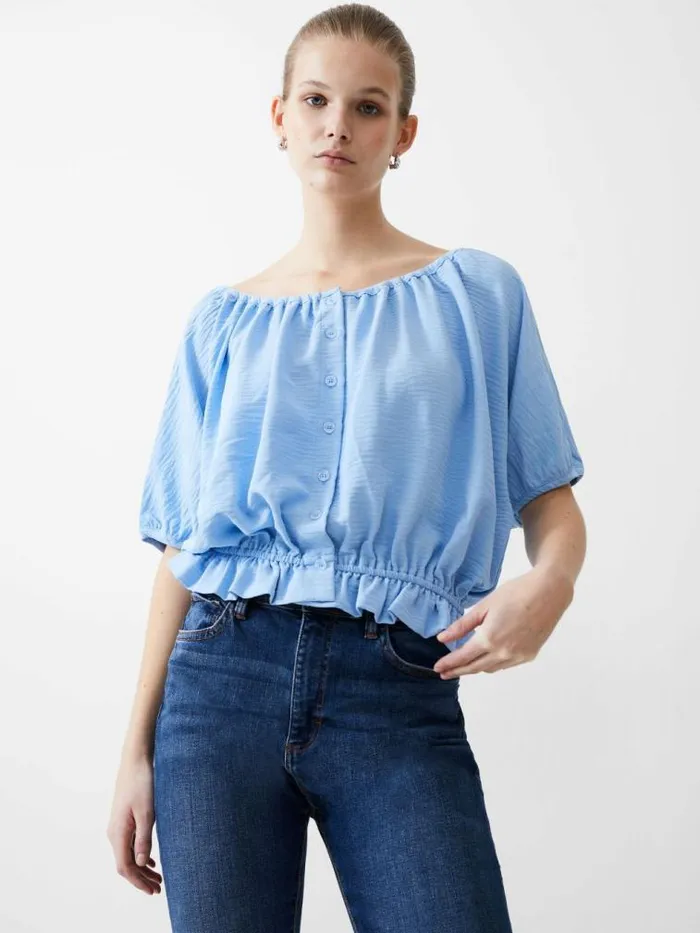 French Connection Button Crinkle Peasant Top Placid Blue Women Tops