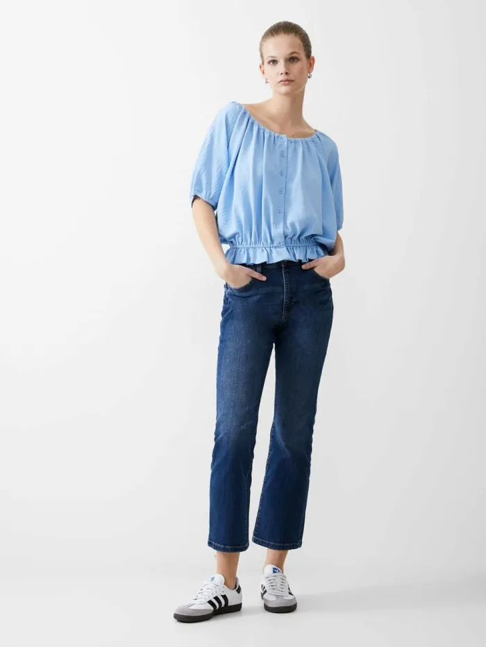French Connection Button Crinkle Peasant Top Placid Blue Women Tops
