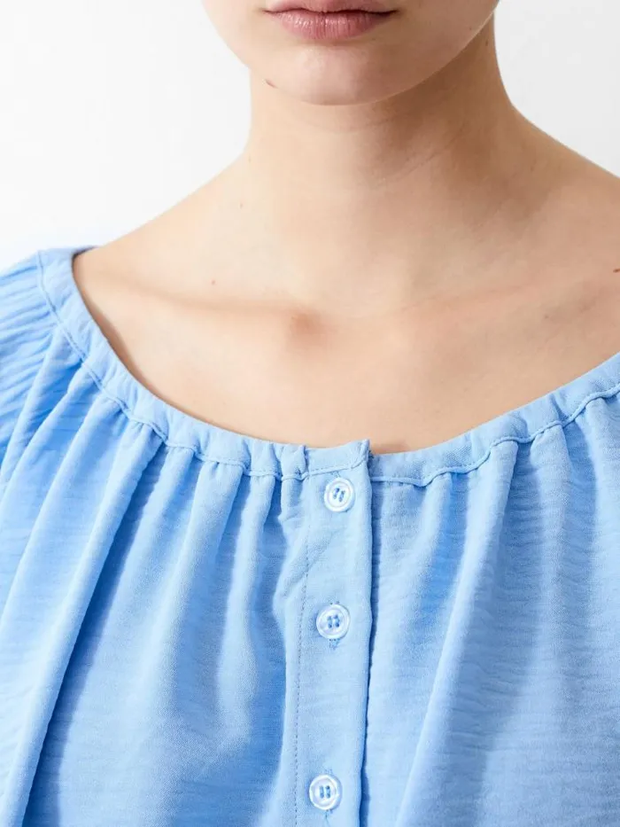 French Connection Button Crinkle Peasant Top Placid Blue Women Tops