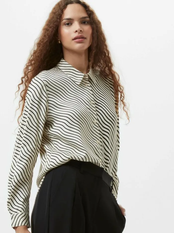 French Connection Candice Satin Stripe Shirt Blackcream Women Tops