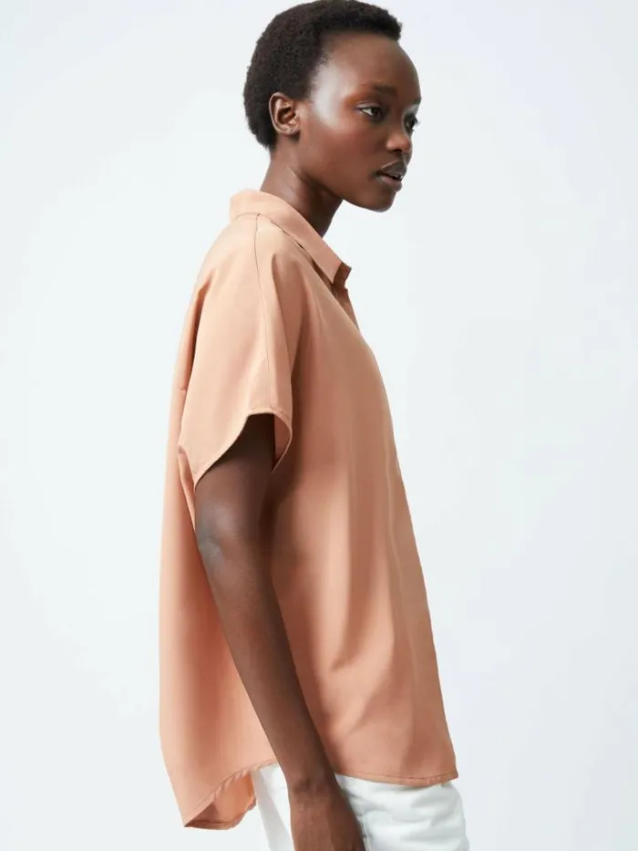 French Connection Caprina Recycled Crepe Short Sleeve Button Shirt Mocha Mousse Women Tops