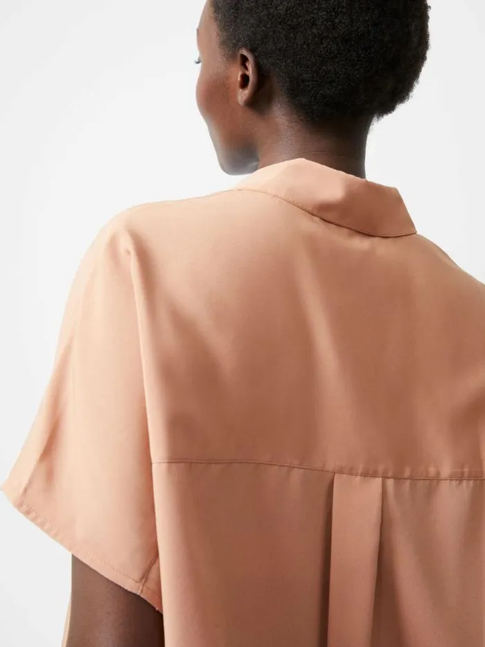 French Connection Caprina Recycled Crepe Short Sleeve Button Shirt Mocha Mousse Women Tops