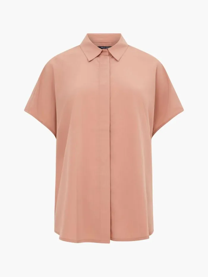 French Connection Caprina Recycled Crepe Short Sleeve Button Shirt Mocha Mousse Women Tops