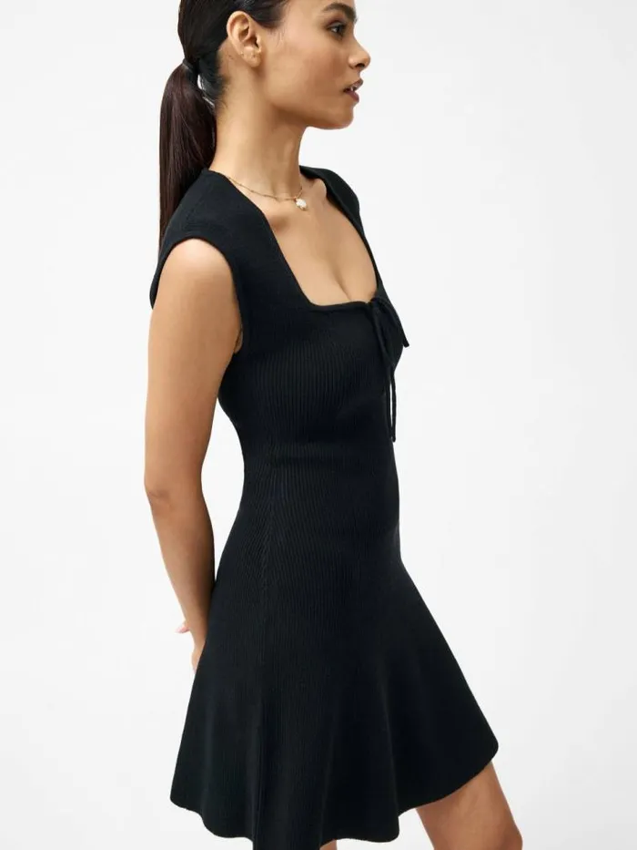 French Connection Cosysoft Tie Front Flared Mini Dress Black Women Dresses
