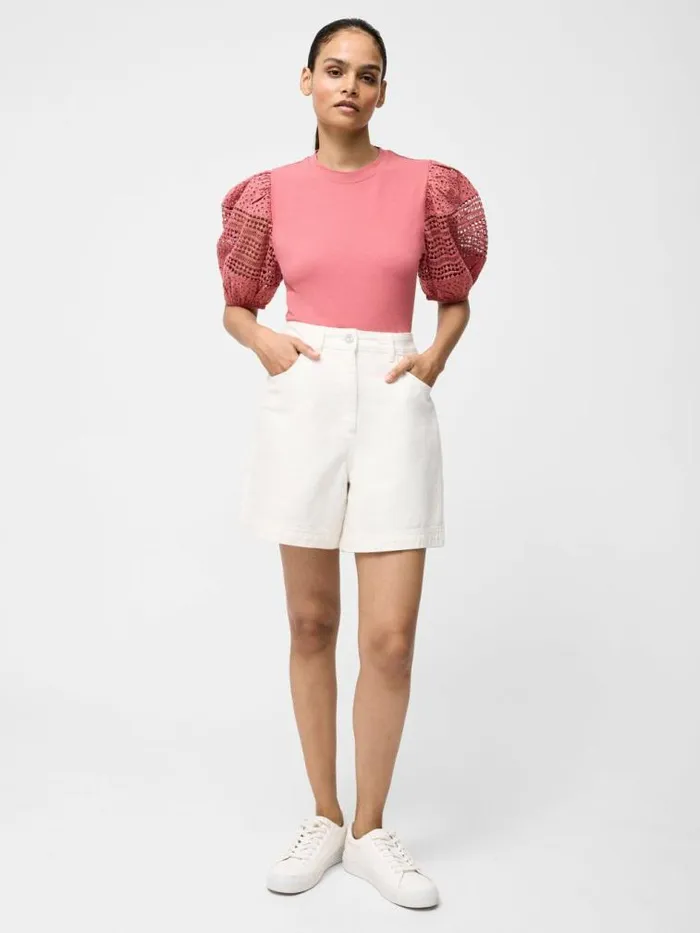French Connection Crochet Lace Puff Sleeve Top Rose Kiss Women Tops