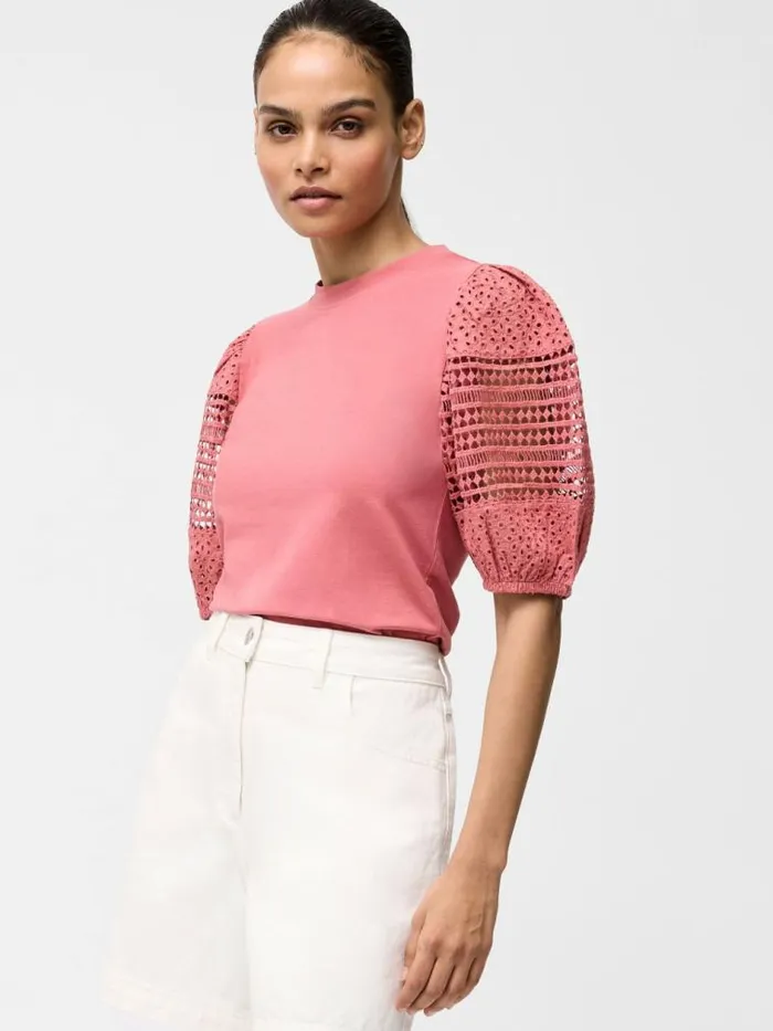 French Connection Crochet Lace Puff Sleeve Top Rose Kiss Women Tops