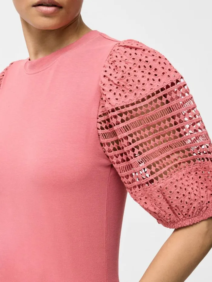 French Connection Crochet Lace Puff Sleeve Top Rose Kiss Women Tops