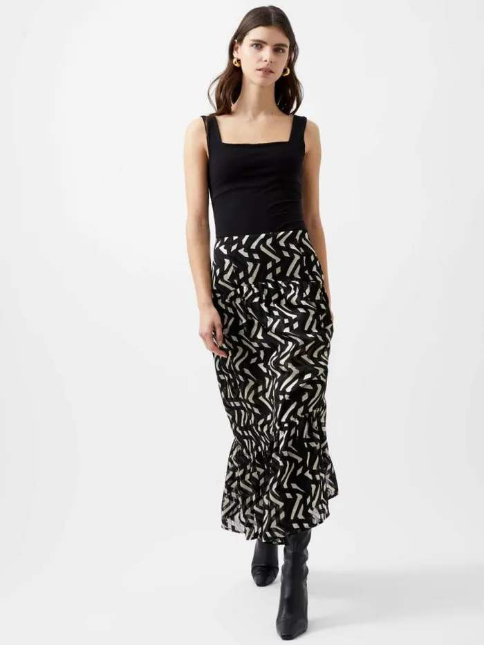 French Connection Diandra Satin Devore Skirt Blackcream Women Skirts