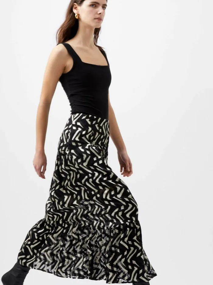 French Connection Diandra Satin Devore Skirt Blackcream Women Skirts