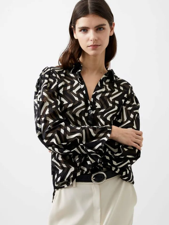 French Connection Diandra Satin Devore Top Blackcream Women Tops