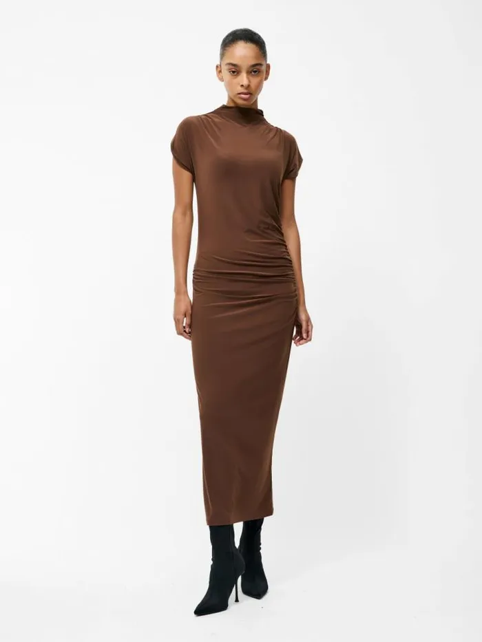 French Connection Draped Samira Mock Neck Dress Chocolate Women Dresses