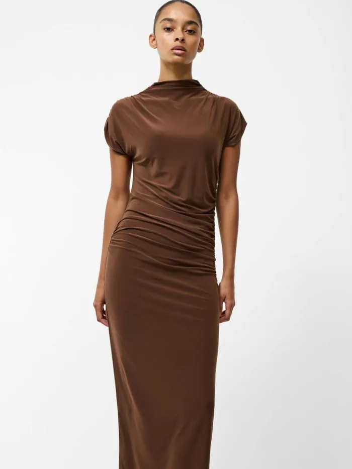 French Connection Draped Samira Mock Neck Dress Chocolate Women Dresses