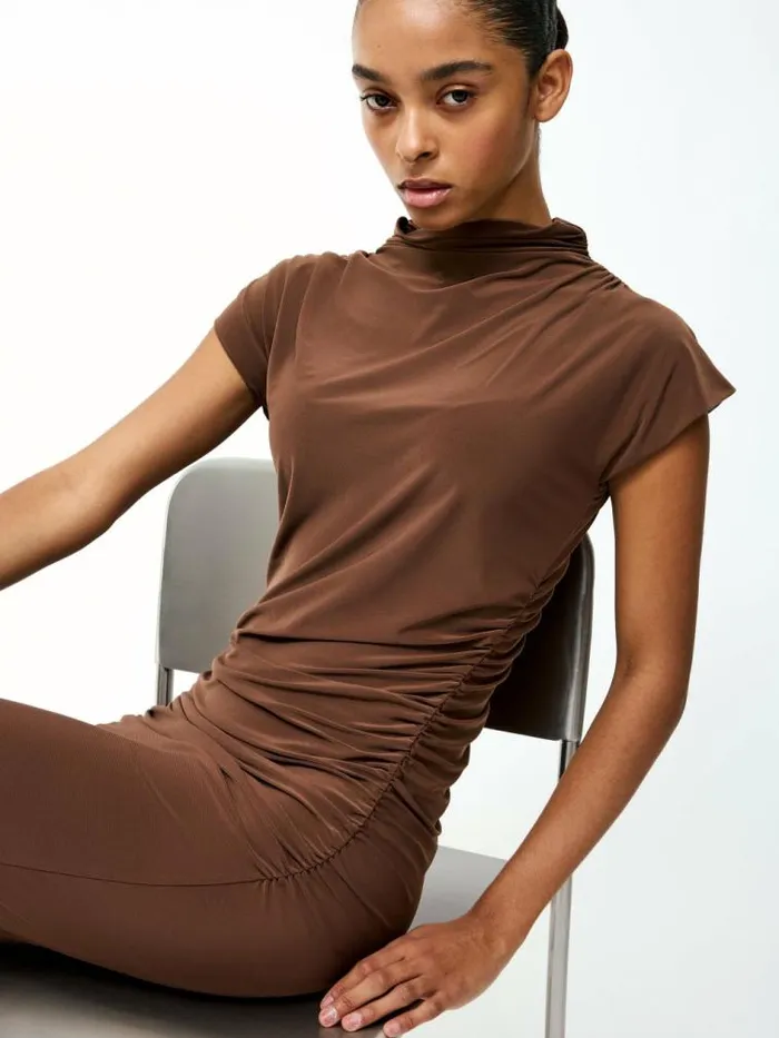 French Connection Draped Samira Mock Neck Dress Chocolate Women Dresses