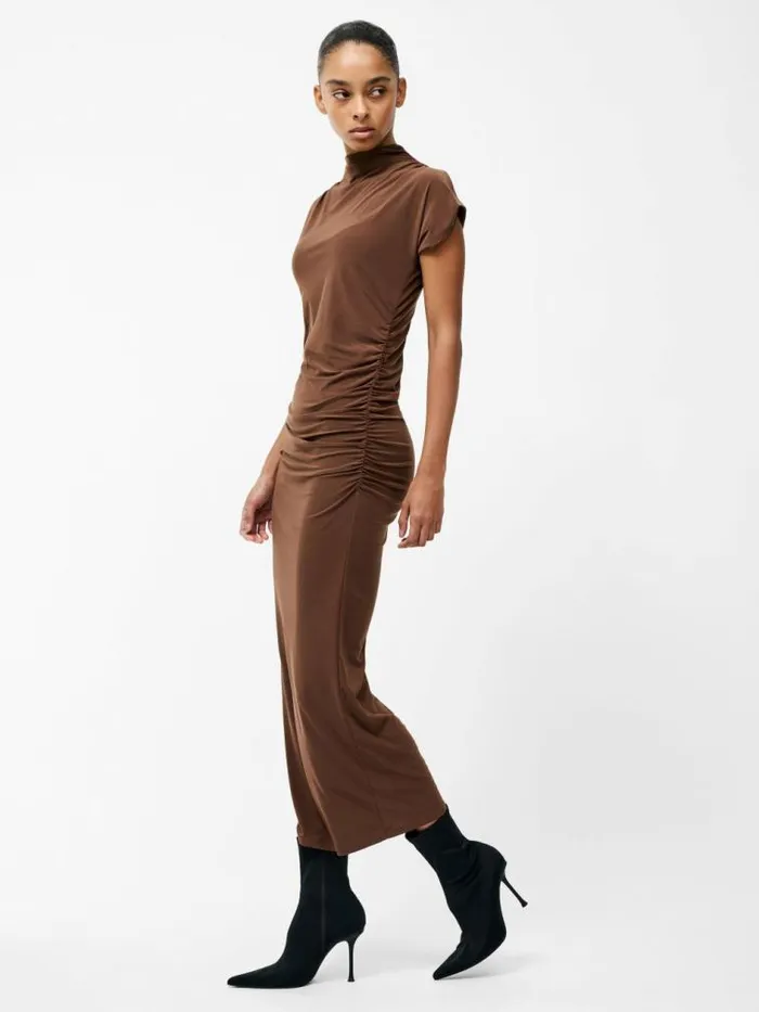 French Connection Draped Samira Mock Neck Dress Chocolate Women Dresses