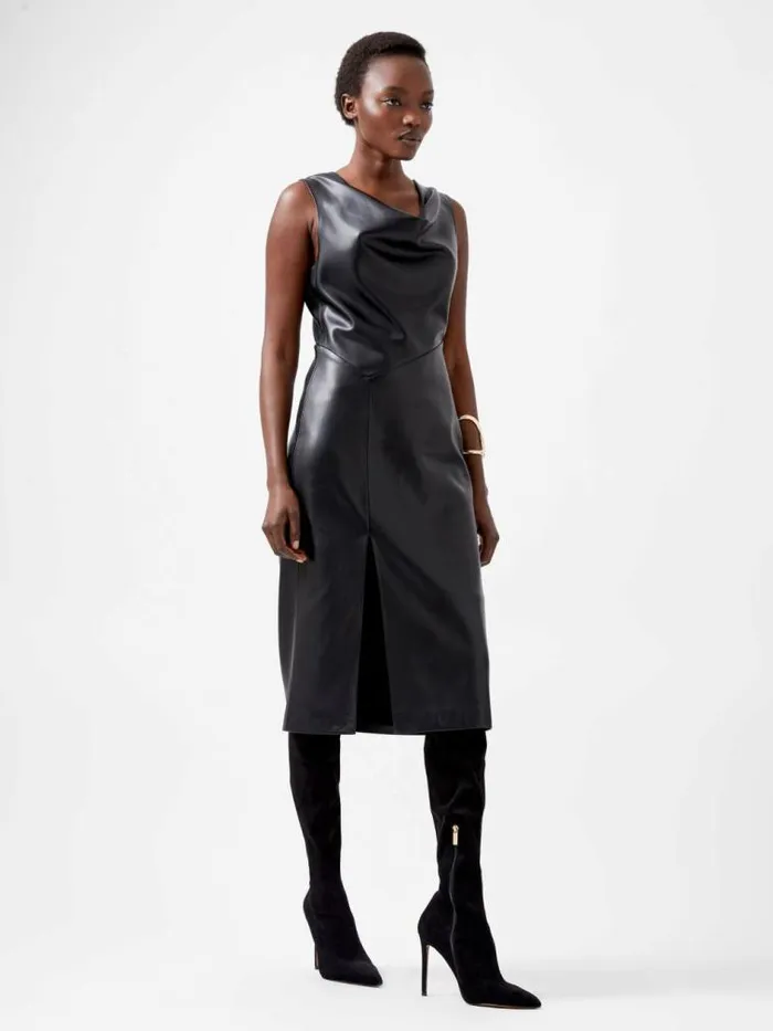 French Connection Elettra Recycled PU Cowl Neck Sleeveless Midi Dress Blackout Women Dresses