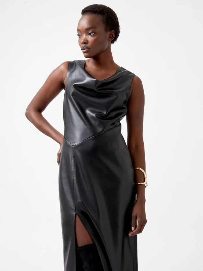 French Connection Elettra Recycled PU Cowl Neck Sleeveless Midi Dress Blackout Women Dresses
