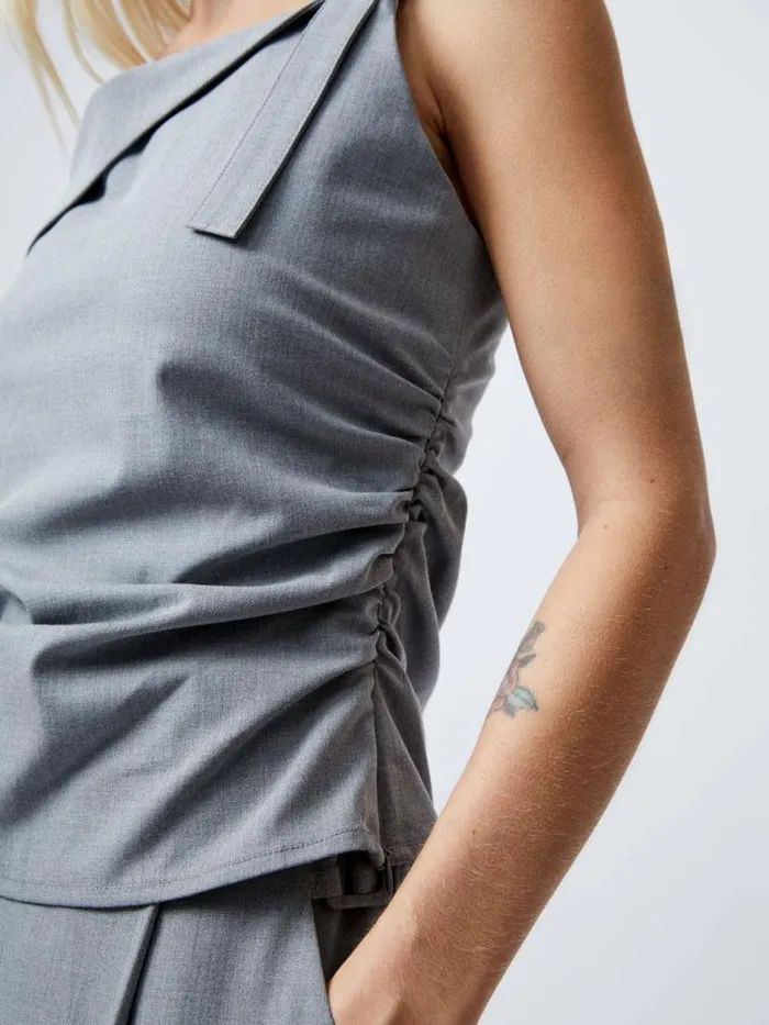 French Connection Franklin Ruched Strappy Buckle Top Grey Women Tops