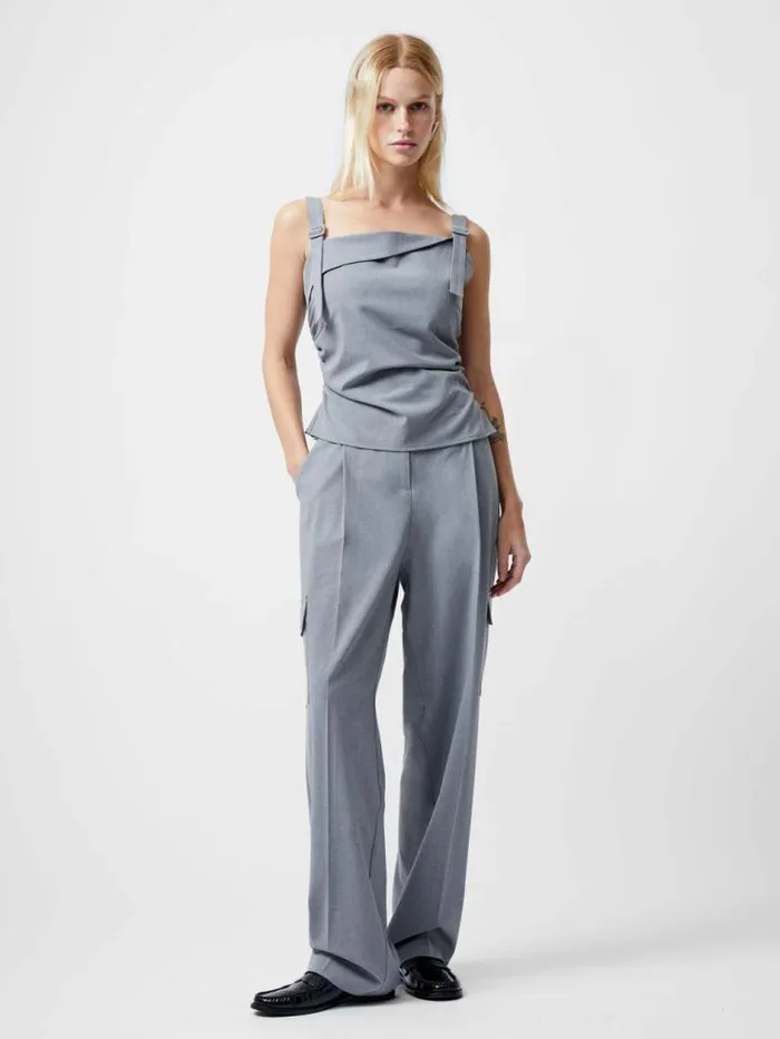 French Connection Franklin Ruched Strappy Buckle Top Grey Women Tops