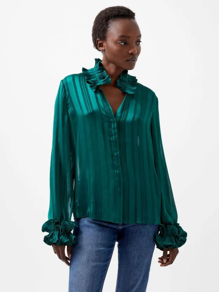 French Connection Hannielie Ruffle Neck Long Sleeve Shirt Forest Women Tops
