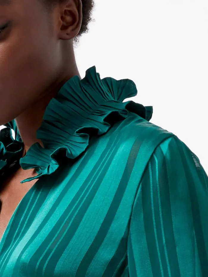 French Connection Hannielie Ruffle Neck Long Sleeve Shirt Forest Women Tops