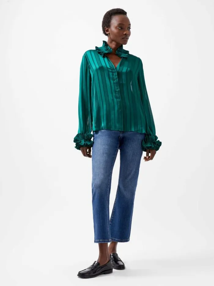 French Connection Hannielie Ruffle Neck Long Sleeve Shirt Forest Women Tops