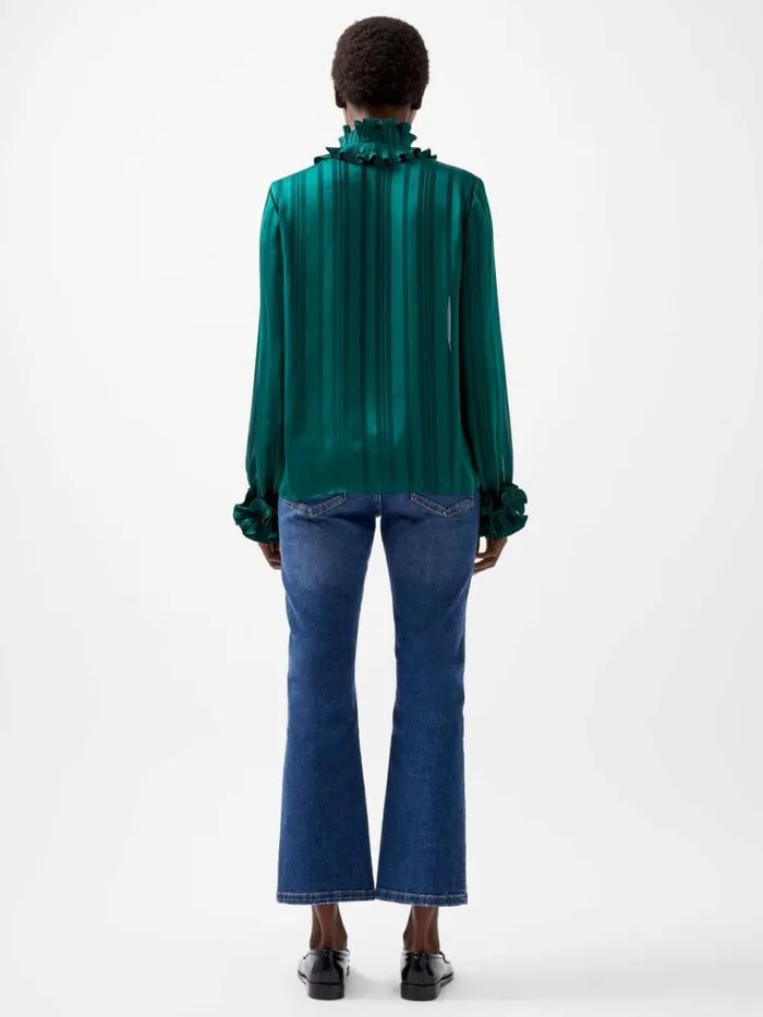 French Connection Hannielie Ruffle Neck Long Sleeve Shirt Forest Women Tops