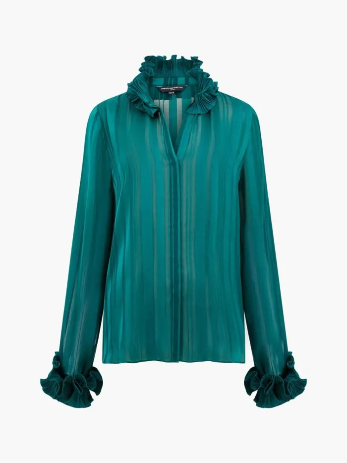 French Connection Hannielie Ruffle Neck Long Sleeve Shirt Forest Women Tops