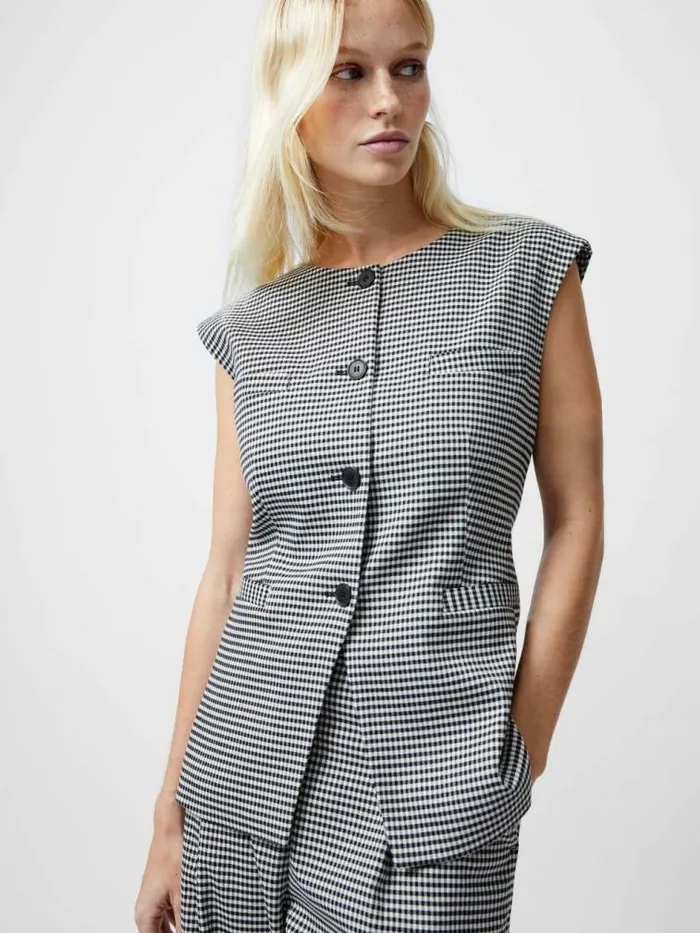 French Connection Holden Houndstooth Crew Neck Waistcoat Blackecru Women Tops
