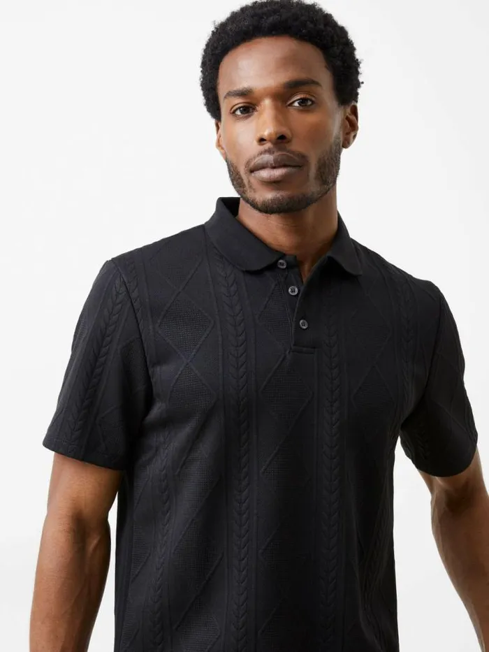 French Connection Jacquard Short Sleeve Polo Shirt Black Men TShirts and Polo Shirts