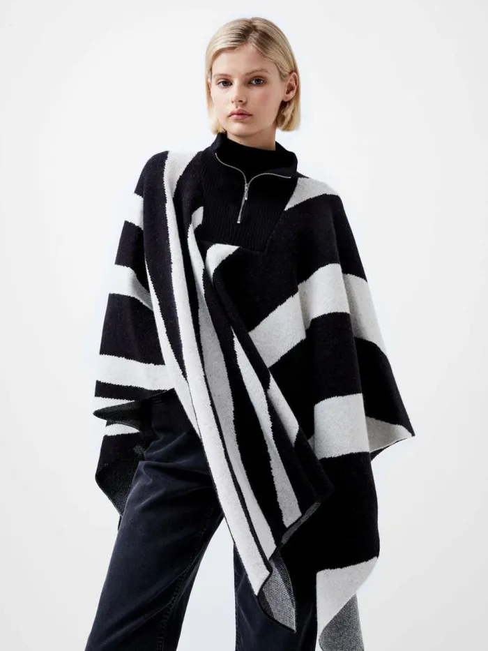 French Connection Julianna Knit Poncho Blackoutclass Cream Women Coats and Jackets