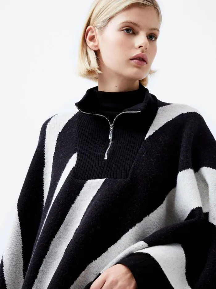 French Connection Julianna Knit Poncho Blackoutclass Cream Women Coats and Jackets