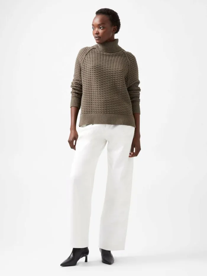 French Connection Keya Popcorn Knit Mozart Jumper Tarmac Khaki Women Jumpers and Cardigans