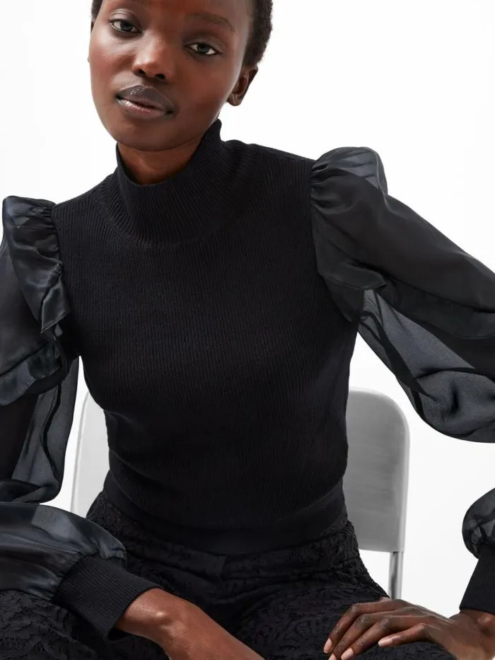 French Connection Krista Organza Puff Sleeve Top Blackout Women Jumpers and Cardigans French Connection Krista Organza Puff Sleeve Top Blackout Women Jumpers and Cardigans