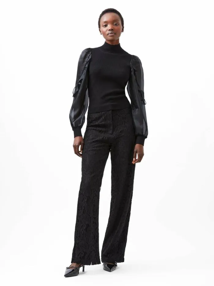 French Connection Krista Organza Puff Sleeve Top Blackout Women Jumpers and Cardigans