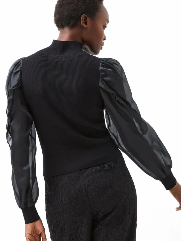 French Connection Krista Organza Puff Sleeve Top Blackout Women Jumpers and Cardigans